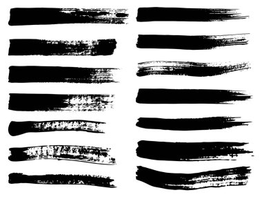 Sanatsal grungy siyah boya el yapılmış yaratıcı fırça darbesi topluluğu izole üzerinde beyaz arka plan ayarlayın. Soyut grunge skeçler tasarım eğitim veya grafik sanatı dekorasyon için bir grup
