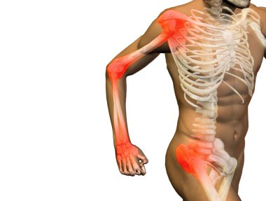 Kavramsal 3d illüstrasyon insan anatomi sağlık tasarım, ortak ya da eklem ağrısı, ağrı veya yaralanma için tıbbi, fitness, tıp, kemik, bakım, zarar, osteoporoz, artrit vücut beyaz arka plan üzerinde
