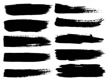 Sanatsal grungy siyah boya el yapılmış yaratıcı fırça darbesi topluluğu izole üzerinde beyaz arka plan ayarlayın. Soyut grunge skeçler tasarım eğitim veya grafik sanatı dekorasyon için bir grup