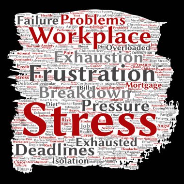 Çalışma alanı veya iş basınç boya fırça veya kağıt bir kelimede kavramsal zihinsel stres izole arka plan bulut. Sağlık, iş, depresyon sorunu, yorgunluk, arıza, son başvuru tarihleri risk kolaj