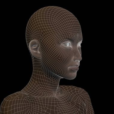 Kafes soyut kavram veya siyah arka plan üzerine teknolojisi, cyborg, dijital, sanal, avatar, model, bilim, kurgu, gelecek, mecaz olarak izole kavramsal 3d tel kafes insan kadın kafası
