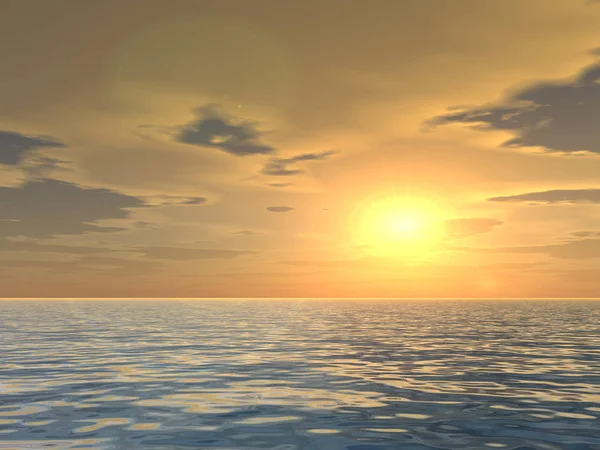 Koncept eller begreppsmässig solnedgång eller soluppgång bakgrund med solen nära horisonten och havet eller havet som en metafor för natur, romantisk, dramatisk, ljus, kväll, morgon, fred, atmosfär, väder eller solsken — Stockfoto