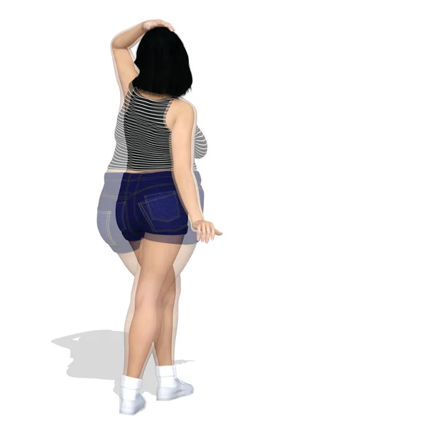 Gordura conceitual obeso obeso fêmea vs magro ajuste corpo saudável após a perda de peso ou dieta com músculos magro jovem isolado. Uma aptidão, nutrição ou gordura obesidade, forma de saúde ilustração 3D — Fotografia de Stock