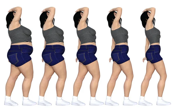 Konceptuální tuku nadváhu obézní ženy vs slim fit zdravé tělo po zhubnutí nebo dieta s svaly tenké mladá žena izolována. Fitness, výživy nebo tučnosti obezita, zdraví tvar 3d obrázek — Stock fotografie