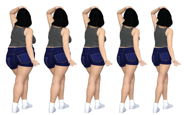 概念肥胖超重肥胖女性 vs 后减肥苗条身材健康的身体，或肌肉瘦的年轻女子，孤立的饮食习惯。健身、 营养或肥胖肥胖，健康形状三维图 — 图库照片