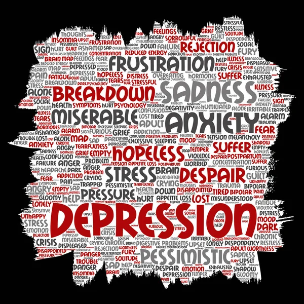 Konceptuella depression eller mental Emotionell störning problem paint pensel eller papper word cloud isolerade bakgrund. Collage av ångest nedstämdhet, negativ sorgligt, förtvivlan, olycklig, frustration symptom — Stockfoto