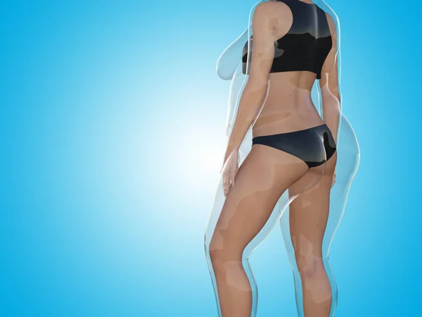Conceptual grasa sobrepeso mujer obesa vs cuerpo sano en forma delgada después de la pérdida de peso o dieta con músculos delgada mujer joven en azul. Aptitud, nutrición u obesidad gorda, forma de salud Ilustración 3D — Foto de Stock