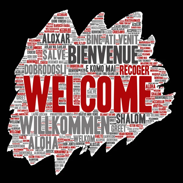 Conceptual abstract welcome or greeting international brush or paper word cloud in different languages or multilingual. Collage of world, foreign, worldwide travel, translate, vacation tourism — Stock Photo, Image