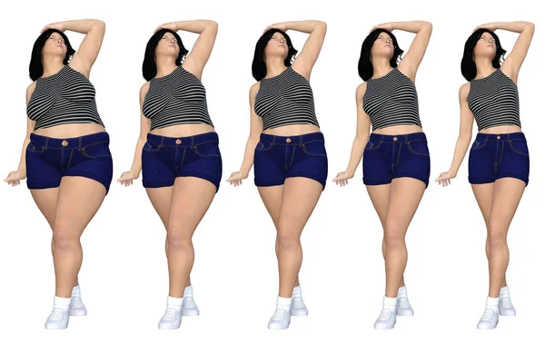 Conceptual grasa sobrepeso mujer obesa vs cuerpo sano en forma delgada después de la pérdida de peso o dieta con músculos delgada mujer joven aislada. Aptitud, nutrición u obesidad gorda, forma de salud Ilustración 3D — Foto de Stock
