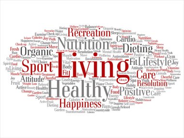 Sağlıklı yaşam pozitif beslenme ya da spor yuvarlak kelime bulutu 