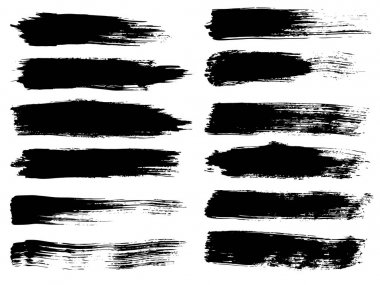 Beyaz arka planda sanatsal grungy siyah el vektör koleksiyonu, yaratıcı fırça darbesi setini izole etti. Tasarım eğitimi veya grafik sanat dekorasyonu için bir grup soyut grunge çizimi