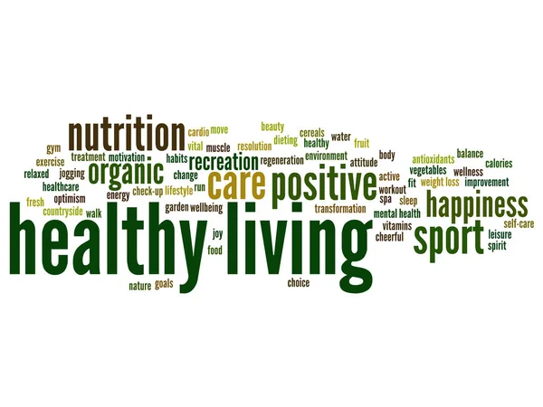 Leva hälsosamt positiv näring eller sport abstrakt word cloud — Stock vektor