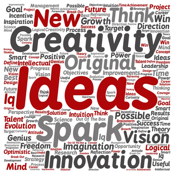 Kreatív ötletek vagy Ötletgyűjtés tér szó felhő — Stock Vector
