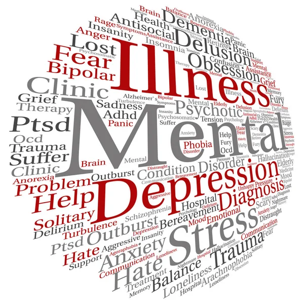 Enfermedad mental o terapia nube palabra redonda — Vector de stock