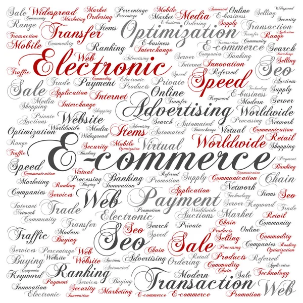 Comercio electrónico ventas electrónicas palabra cuadrada nube — Vector de stock