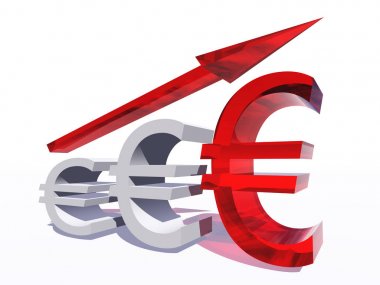 İş, finans, para, büyüme, başarı, hisse senedi, döviz ekonomi için bir metafor olarak beyaz arka plan üzerinde yüksek çözünürlüklü kavramı kavramsal 3d mavi cam euro simgesini yukarıyı gösteren bir ok ile izole