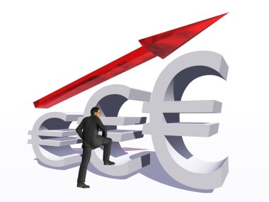 İş, finans, para, büyüme, başarı, hisse senedi, para birimi veya ekonomi için bir metafor olarak işadamı beyaz zemin üzerine kavram kavramsal 3d kırmızı cam euro simgesini işaret ok ile izole