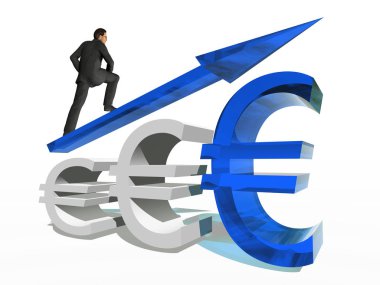 İş, finans, para, büyüme, başarı, hisse senedi, döviz ekonomi için bir metafor olarak işadamı beyaz zemin üzerine kavram kavramsal 3d mavi cam euro simgesini işaret ok ile izole