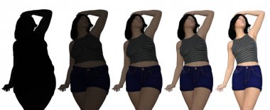 Kavramsal şişman kilolu obez kadın vs fit sağlıklı vücut Kilo kaybını takiben ince ya da diyet izole kas ince olan kadın. Fitness, beslenme veya şişmanlık obezite sağlık şekil 3d çizim