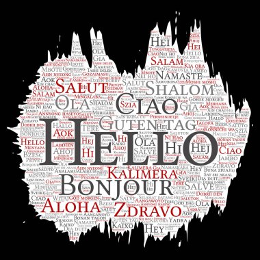Kavram ya da kavramsal fırça veya kağıt Merhaba veya uluslararası turizm kelime bulutu farklı dillerde veya çok dilli tebrik. Dünya, yabancı, dünya çapında seyahat, kolaj çevirmek, tatil