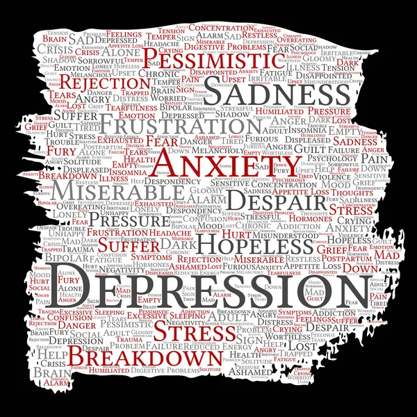 Konceptuella depression eller mental Emotionell störning problem paint pensel eller papper word cloud isolerade bakgrund. Collage av ångest nedstämdhet, negativ sorgligt, förtvivlan, olycklig, frustration symptom — Stockfoto