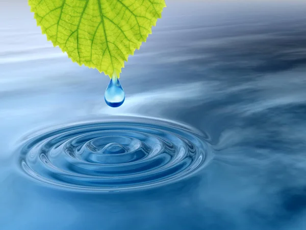 High resolution conceptual water or dew drop falling from a green fresh leaf on a blue clear water making waves. It si a concept ideal for summer,spring, nature or natural designs and also for ecology — Stock Photo, Image