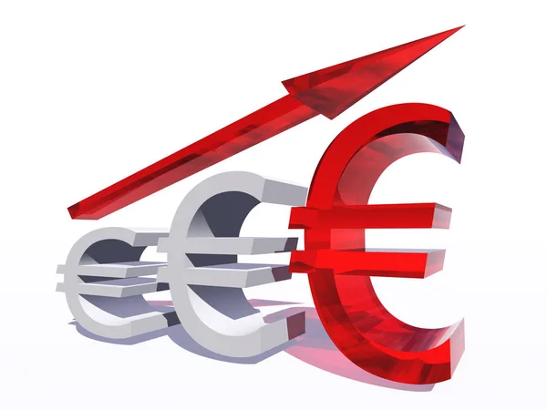 Hög upplösning konceptet konceptuell 3d blått glas eurosymbolen med en pil som pekar uppåt isolerad på vit bakgrund som en metafor för verksamhet, ekonomi, pengar, tillväxt, framgång, lager, valuta ekonomi — Stockfoto