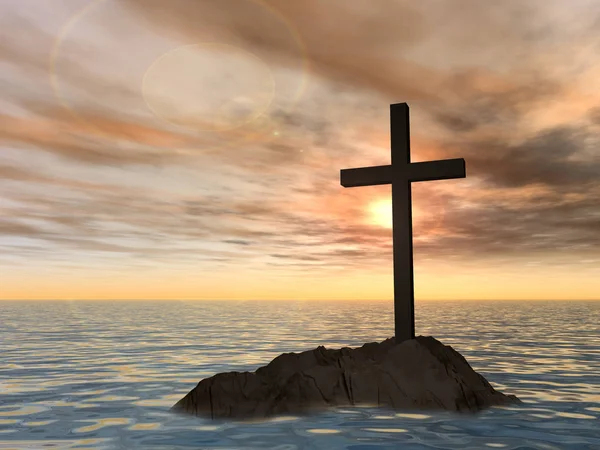 Koncepce nebo konceptuální tmavé křesťanské kříž stojící na skále v moři nebo oceánu přes krásné nebe při západu slunce jako metafora pro víru, náboženství, náboženské, víra, Ježíš, Krista, duchovní nebo církevní — Stock fotografie