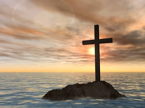 Concept ou concept sombre croix chrétienne debout sur un rocher dans la mer ou l'océan au-dessus d'un beau ciel au coucher du soleil comme métaphore de la foi, religion, religieux, croyance, Jésus, Christ, spirituel ou église — Photo