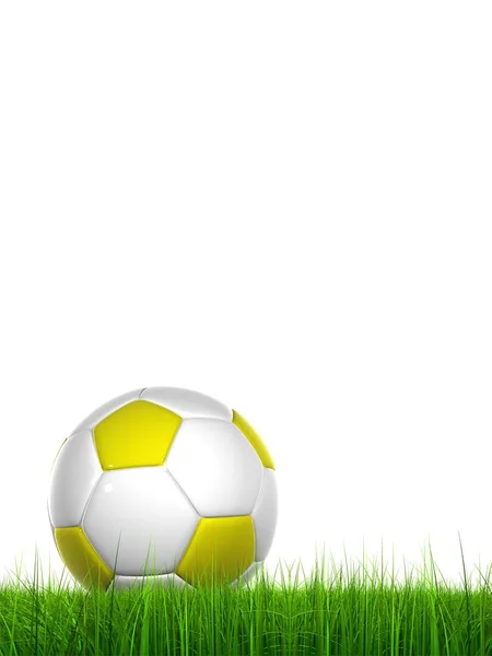 Césped conceptual 3D verde, fresco y natural de alta resolución aislado sobre fondo blanco con una pelota de fútbol en el horizonte ideal para el club, deporte, recreación, competición, diversión y diseños de fútbol — Foto de Stock