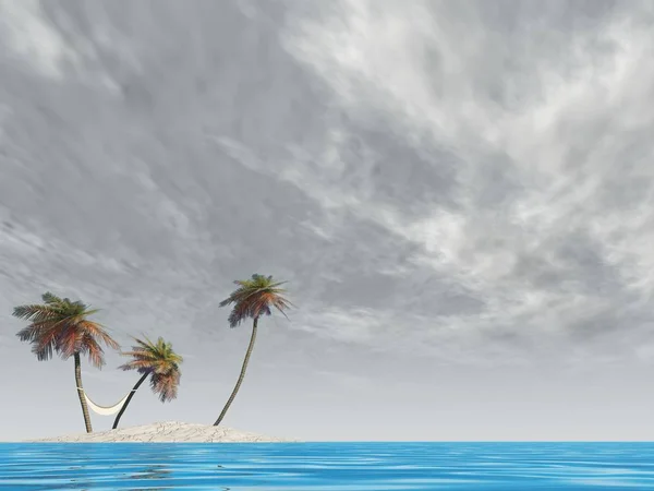 Île conceptuelle à haute résolution avec des palmiers et un hamac dans l'eau de mer bleue avec un fond bleu ciel — Photo