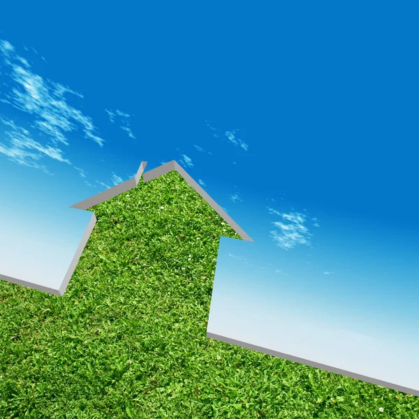 High resolution conceptual green grass house background over a sky, ideal for ecology, green or natural designs — Stock Photo, Image