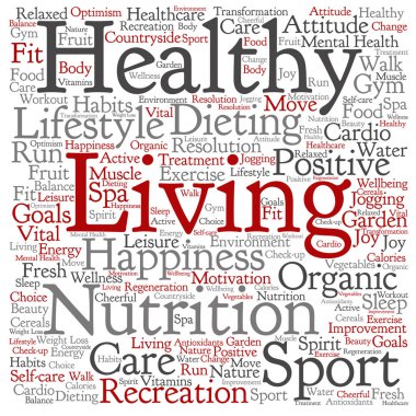 Sağlıklı yaşam pozitif beslenme veya spor kare kelime bulutu