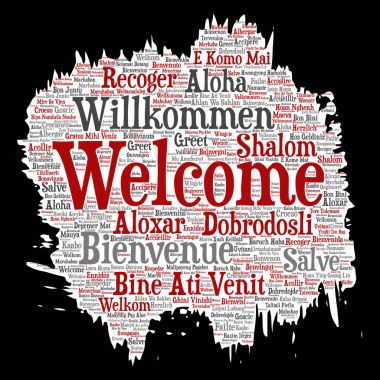 Vektör kavramsal soyut Hoşgeldiniz veya tebrik uluslararası fırça veya kağıt kelime bulutu farklı dillerde veya çok dilli. Dünya, yabancı, dünya çapında seyahat, kolaj çevirmek, turizm tatil