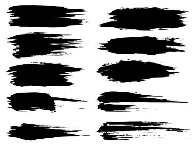 Beyaz arka planda sanatsal grungy siyah el vektör koleksiyonu, yaratıcı fırça darbesi setini izole etti. Tasarım eğitimi veya grafik sanat dekorasyonu için bir grup soyut grunge çizimi