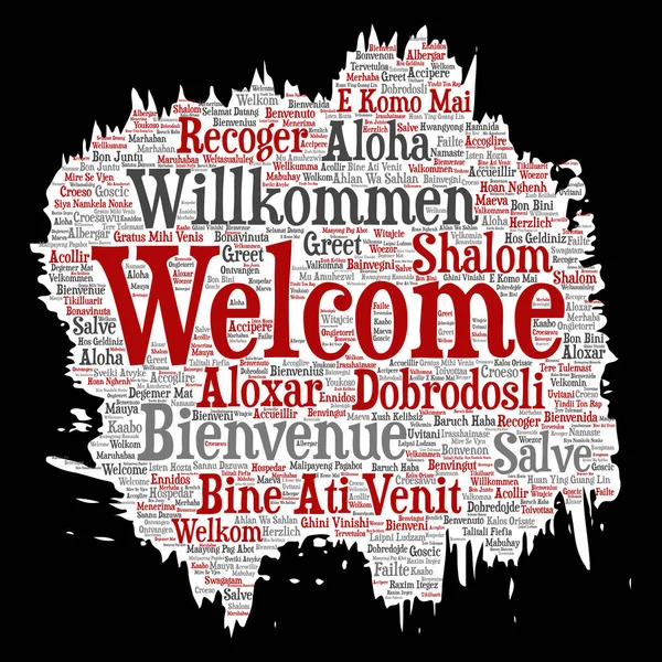 Vektör kavramsal soyut Hoşgeldiniz veya tebrik uluslararası fırça veya kağıt kelime bulutu farklı dillerde veya çok dilli. Dünya, yabancı, dünya çapında seyahat, kolaj çevirmek, turizm tatil