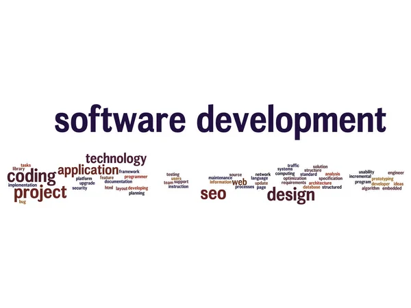 Desenvolvimento de software tecnologia de codificação de projeto nuvem de palavras abstrata —  Vetores de Stock