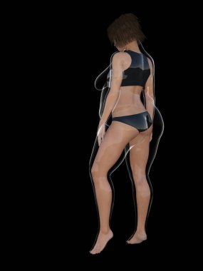 Kavramsal şişman kilolu obez kadın vs fit sağlıklı vücut Kilo kaybını takiben ince ya da diyet izole kas ince olan kadın. Fitness, beslenme veya şişmanlık obezite sağlık şekil 3d çizim