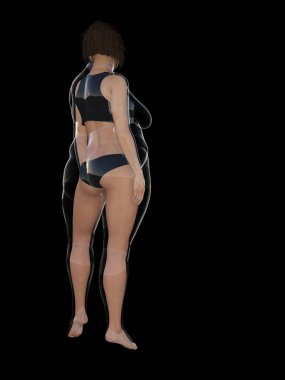 Kavramsal şişman kilolu obez kadın vs fit sağlıklı vücut Kilo kaybını takiben ince ya da diyet izole kas ince olan kadın. Fitness, beslenme veya şişmanlık obezite sağlık şekil 3d çizim