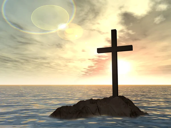 Dark christian cross standing on a rock — Stock Photo, Image