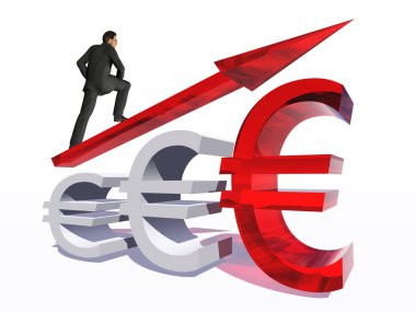 Kavram ya da kavramsal 3d kırmızı cam euro simgesini işaret ok ile işadamı ile beyaz arka plan üzerinde iş, finans, para, büyüme, başarı, hisse senedi, döviz ekonomi için bir metafor olarak izole