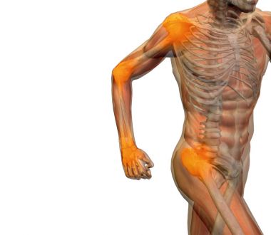 Kavramsal 3d illüstrasyon insan anatomi veya sağlık tasarım, ortak ya da eklem ağrısı, ağrı veya yaralanma için tıbbi fitness, tıp, kemik, bakım, zarar, osteoporoz, artrit vücut beyaz arka plan üzerinde