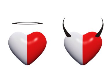 Beyaz arka plan üzerinde izole yüksek çözünürlüklü kavramsal kırmızı 3d kalpler. Bir küme, grup veya topluluğu aşk sembolleri olarak melek ve şeytan, tatil, din tasarımlar için olabilir. Metafor olarak soyut şekiller