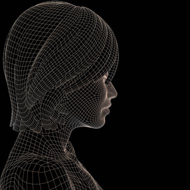 Kavram ya da teknoloji, cyborg, dijital, sanal, avatar, model, bilim, kurgu, gelecek, mecaz olarak siyah arka plan üzerine izole kavramsal 3d tel kafes insan kadın kafası kafes veya soyut