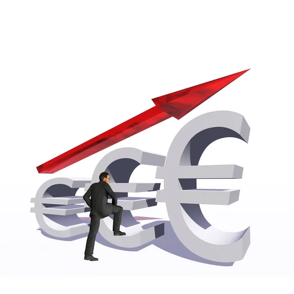 Konceptet konceptuell 3d rött glas eurosymbolen med pilen isolerade på vit bakgrund med affärsmannen som en metafor för verksamhet, ekonomi, pengar, tillväxt, framgång, lager, valuta eller ekonomi — Stockfoto