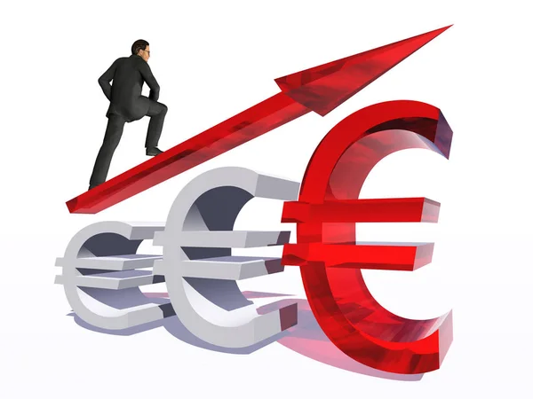 Konzept oder konzeptionelle 3D rotes Glas Euro-Symbol mit Pfeil zeigt isoliert nach oben auf weißem Hintergrund mit Geschäftsmann als Metapher für Geschäft, Finanzen, Geld, Wachstum, Erfolg, Aktien, Währungswirtschaft — Stockfoto