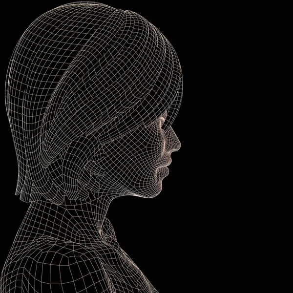 Kavram ya da teknoloji, cyborg, dijital, sanal, avatar, model, bilim, kurgu, gelecek, mecaz olarak siyah arka plan üzerine izole kavramsal 3d tel kafes insan kadın kafası kafes veya soyut