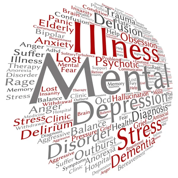 Mental illness or therapy round word cloud — Stock Vector