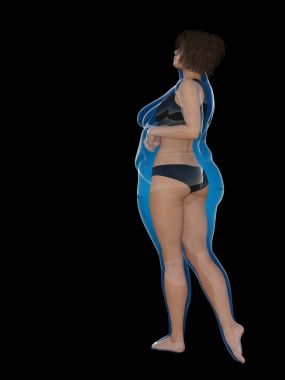 Kavramsal şişman kilolu obez kadın vs fit sağlıklı vücut Kilo kaybını takiben ince ya da diyet izole kas ince olan kadın. Fitness, beslenme veya şişmanlık obezite sağlık şekil 3d çizim