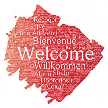 Kavramsal soyut Hoşgeldiniz veya uluslararası fırça veya boya kelime bulutu farklı dillerde veya çok dilli tebrik. Dünya, yabancı, dünya çapında seyahat, kolaj çevirmek, turizm tatil